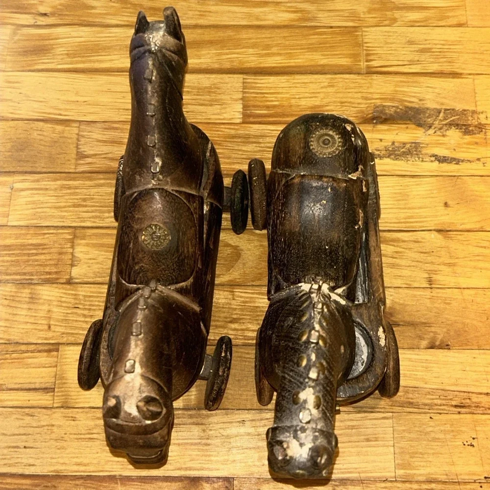 Folk Art Carved Wooden Horses on Wheels Locking Storage Compartments Vintage